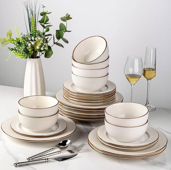 GBHOME Ceramic Dinnerware Sets, 24 pcs Embossed Elegant Stoneware Plates and Bowls Sets, Housewarming Wedding Gift | Dishwasher & Microwave Safe | Dishes Set Service for 8