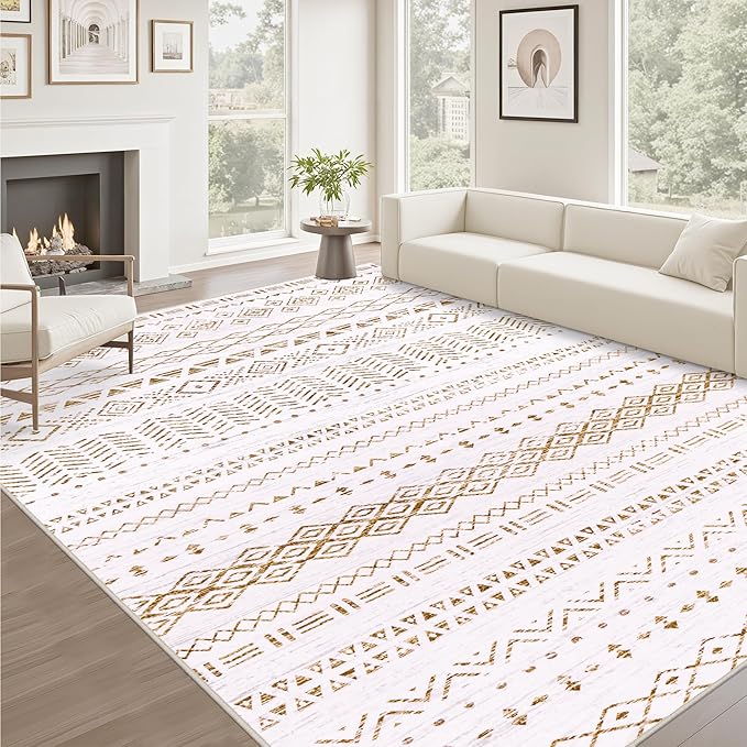 5x7 Area Rugs Living Room Rug: Washable Rug Neutral Lagre Soft Thin Carpet Indoor Floor Non Slip Boho Geometric Moroccan Carpets for Bedroom Dining Room Farmhouse Nursery Office - Brown