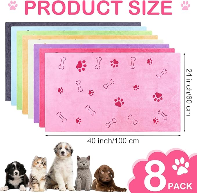 Chumia 8 Pcs Dog Towels for Drying Dogs Cats Pet Towels Bulk Puppy Microfiber Quick Drying Paw Bath Bathing Supplies Absorbent for Medium Pets(Sweet Color,40 x 24 Inch)