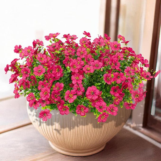 16 Bundles Artificial Flowers Outdoor Spring Summer Decoration Fake Silk Colorful Daisy Eucalyptus Realistic UV Resistant Outside Faux Plants for Garden Porch Window Box Home Decor (Rose Red)