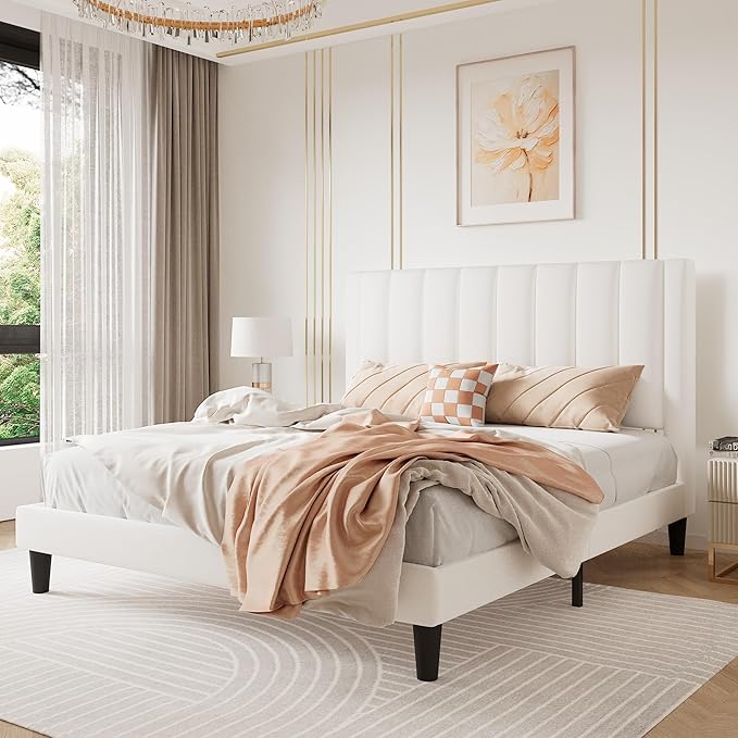 SHA CERLIN Queen Bed Frame/Velvet Upholstered Platform Bed Frame with Headboard/Strong Wood Slats Support/Mattress Foundation/No Box Spring Needed/Easy Assembly/White