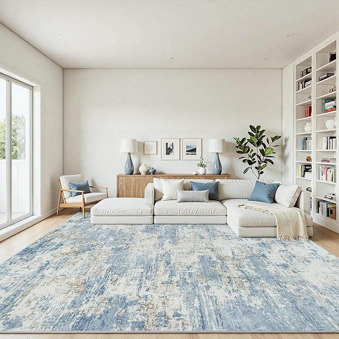 8x10 Area Rugs Living Room Rug Modern Abstract Neutral Washable Rugs Non Slip Soft Carpet Large Area Rug Low Pile Stain Resistant Non Shedding for Bedroom Nursery Dining Room Home Office Blue