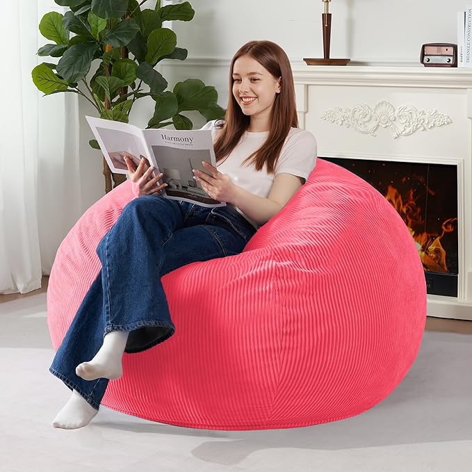 Homguava 4FT Bean Bag Chair for Adults,Teardrop Bean Bags Big Beanbag Chair with Memory Foam Filled and Ultra Soft Removable Corduroy Cover for Living Room, Bedroom (Pink)