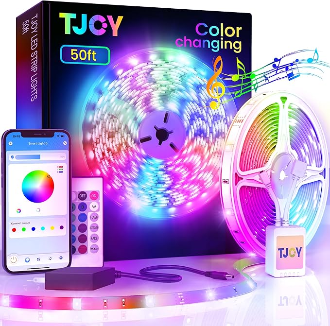 TJOY 50ft Bluetooth LED Strip Lights, Music Sync 5050 LED Light Strip RGB Color Changing LED Lights Strip with Phone Remote, LED Lights for Bedroom Kitchen TV Party TIKTOK DIY (APP+Remote +Mic)