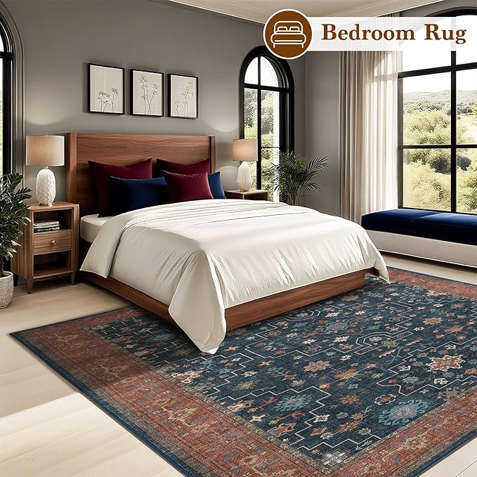 LBRO2M Distressed Washable Rugs 9X12 Area Rug for Living Room for Bedroom Dining Room Non Slip Farmhouse Rugs Easy Clean, Stain Resistant Carpet Great for Pets and Kids (9'X12' Distressed Blue)