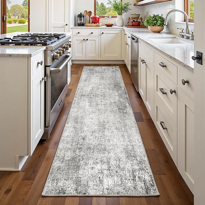 Washable Area Rugs 2'x6' Non-Slip Modern Abstract Soft for Living Room Entryway Bedroom Nursery, Print Pattern, Gray White Grey