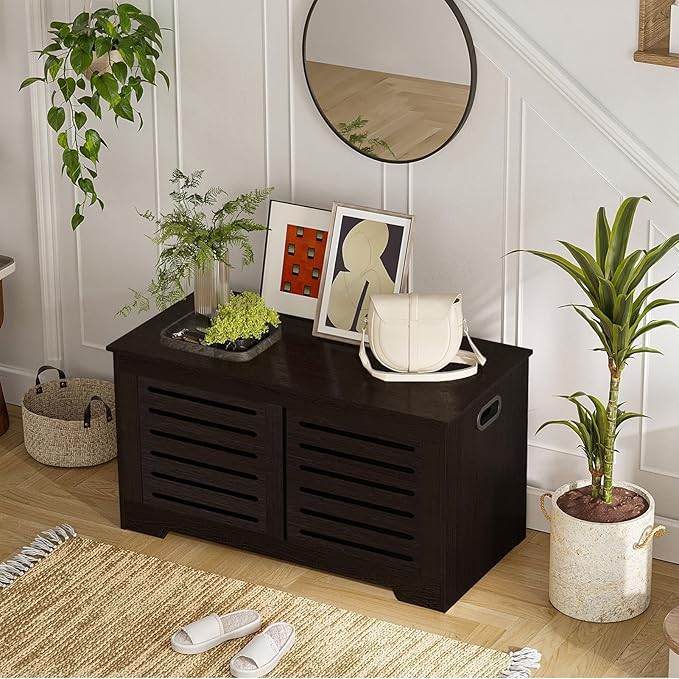 DINZI LVJ Storage Chest, Flip-Top Wooden Toy Box with 2 Safety Hinges, Entryway Shoe Storage Bench, Sturdy Large Storage Trunk for Living Room, Bedroom, Easy Assembly, Espresso
