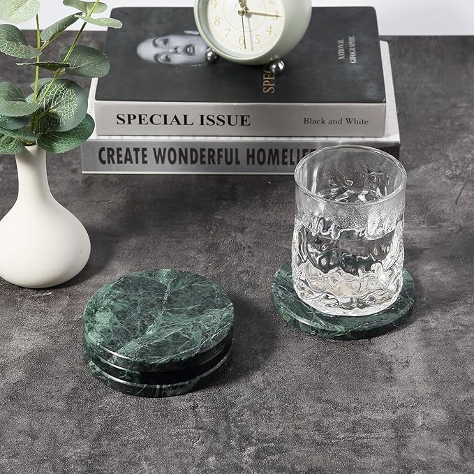 Koville Marble Coaster Set of 4, Round Coasters, 4" Stone Coaster for Drinks Coffee, White Marble Coasters for Coffee Table Home Bar Decor, Heat Resistant, Gift Choice(Green)