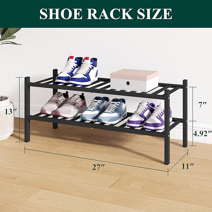 Smiry Bamboo Shoe Rack for Closet, 2 Tier Wooden Stackable Shoe Organizer, Free Standing Shoes Storage Shelf for Entryway, Front Door Entrance, Black
