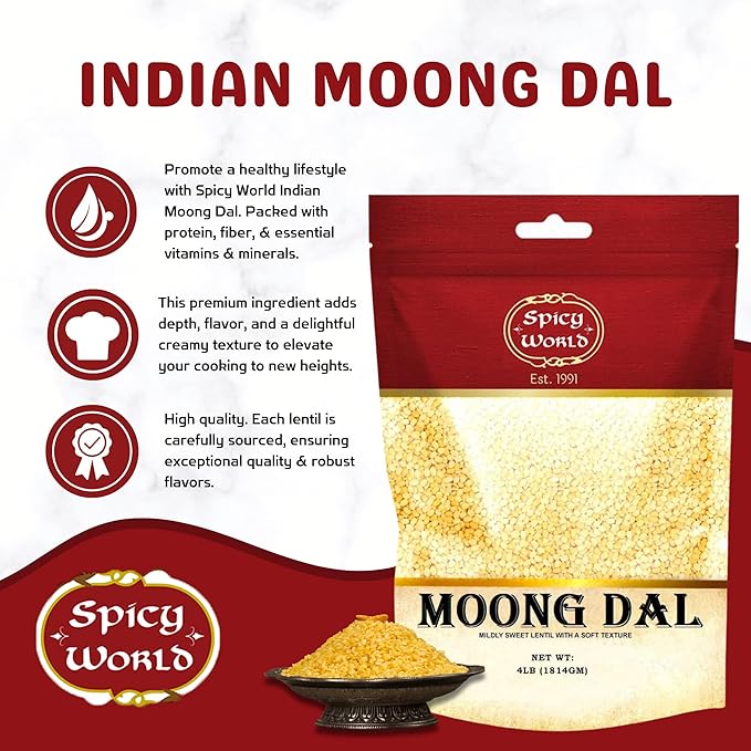 Spicy World Indian Moong Dal - 4 lbs | Premium Split Dry Beans | 100% Natural & Pure | Versatile & Nutritious Legume | Golden Lentils for Delicious Recipes