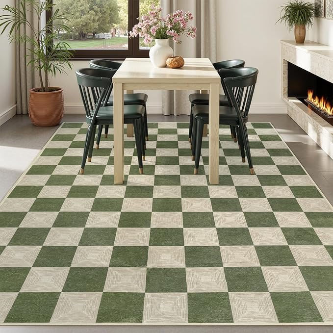 5x8 Checkered Washable Area Rug, Non-Slip Farmhouse Checkerboard Carpet for Living Room, Neutral Rug for Bedroom, Boys Room,Dining Room or Office