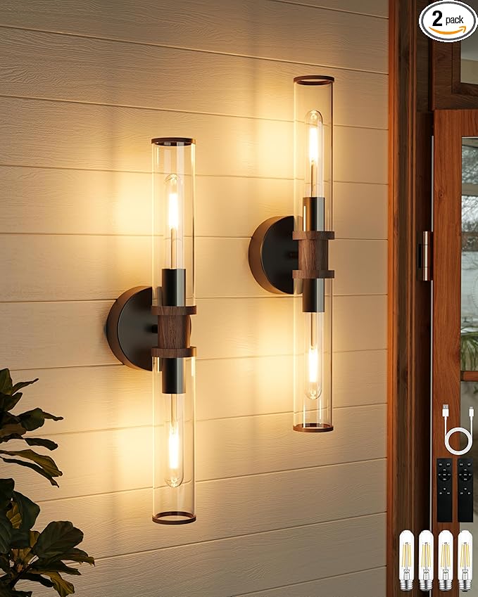 Battery Operated Wall Sconce Set of 2, Black & Walnut Rechargeable Wall Sconces, Modern Cordless Wall Lights with Remote Control, Dimmable for Living Room, Bedroom, Bathroom, Hallway, Entryway 3000K