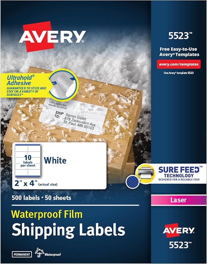 Avery Waterproof Labels with UltraHold Permanent Adhesive, 2" x 4", 500 Labels for Laser Printers (5523)