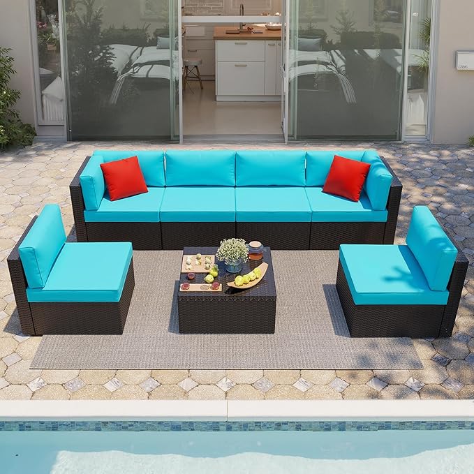 Shintenchi 7 Pieces Patio Furniture Sets Outdoor All-Weather Sectional Patio Sofa Set PE Rattan Manual Weaving Wicker Patio Conversation Set with Glass Table&Ottoman Cushion and Red Pillows, Blue
