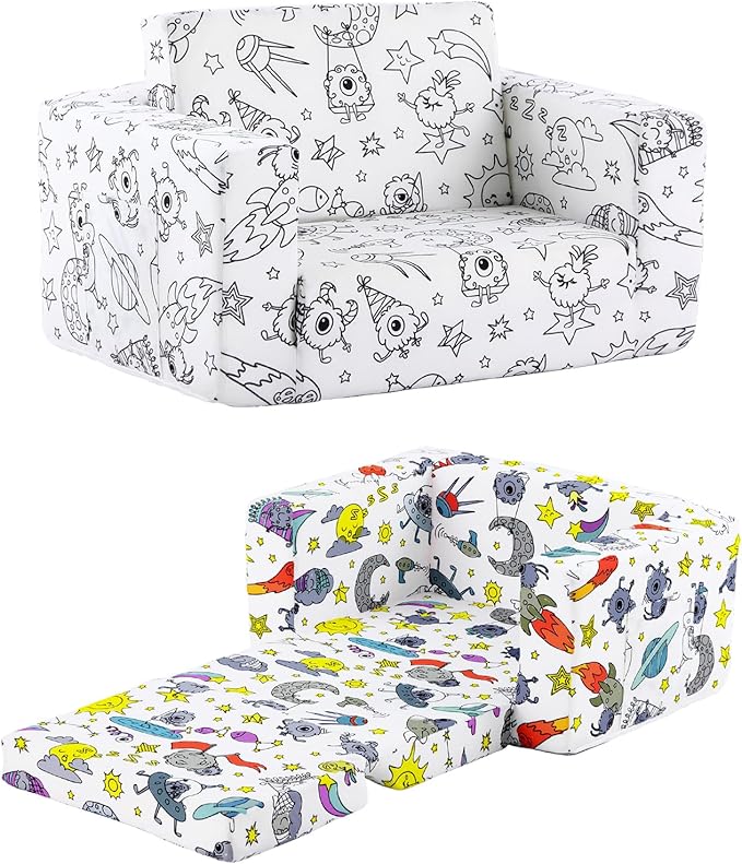 Tiita Kids Sofa Couch, Convertible Children Couch to Lounger, Toddler Comfy Sofa with Cute Graffiti Pattern Design for Girls and Boys, Graffiti