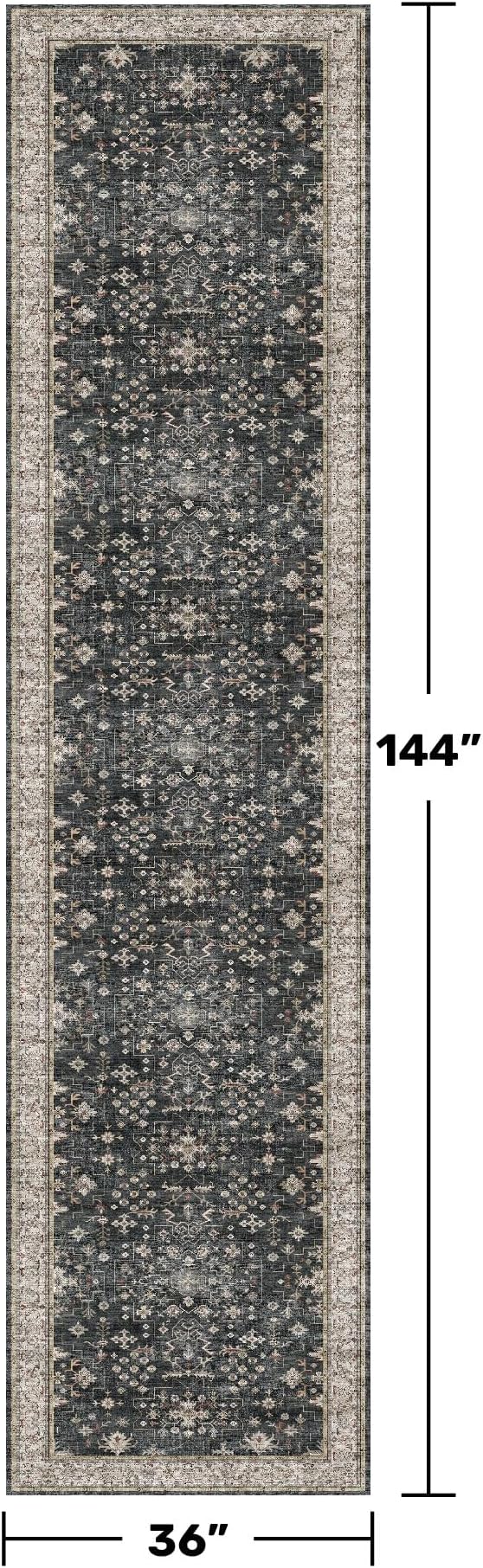 Black Boho Washable 3x12 Extra Long Runner Rug for Hallway, Waterproof Large Kitchen Floor Rug, Non-Slip Stain & Fade Resistant, Vintage Floral Decor