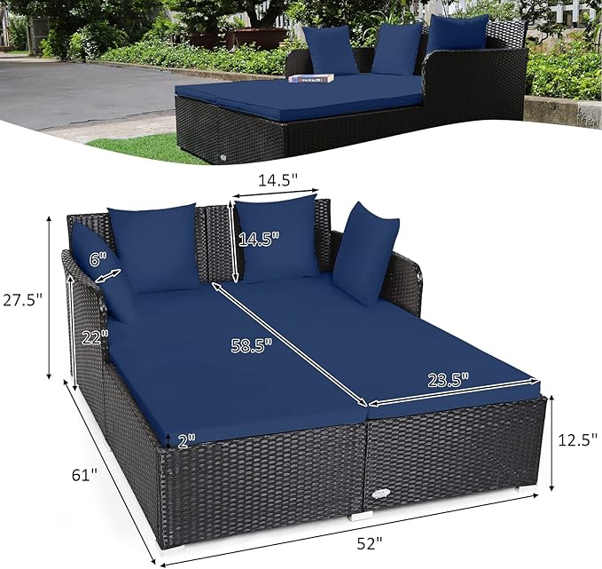 Tangkula Outdoor Rattan Daybed, Sunbed Wicker Furniture w/Spacious Seat, Upholstered Cushion & High-Resilience Sponge, Wicker Patio Sofa Set w/Extra Pillows for Courtyard Poolside (Navy)