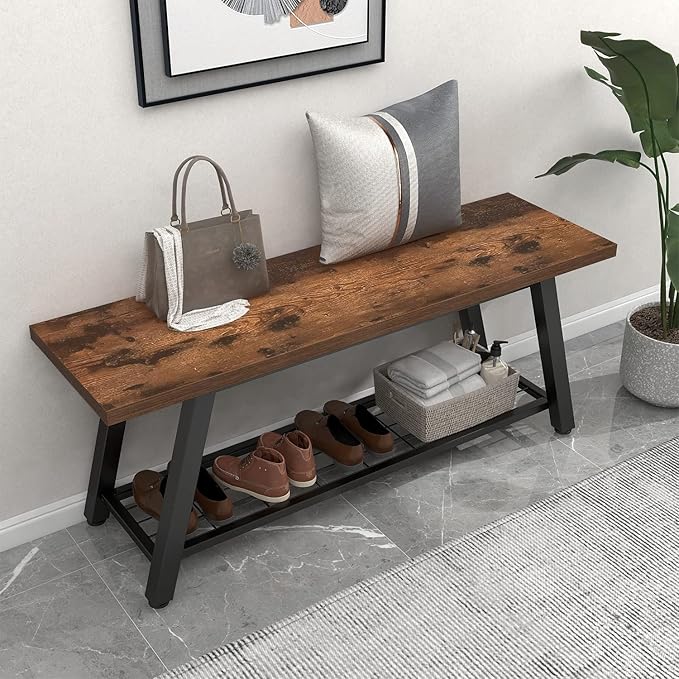 Storage Bench Industrial Rustic Wooden and Metal Entryway Shoe Boots Storage Rack Long Bench Seat for Hallway Bedroom Retro Brown Farmhouse Style