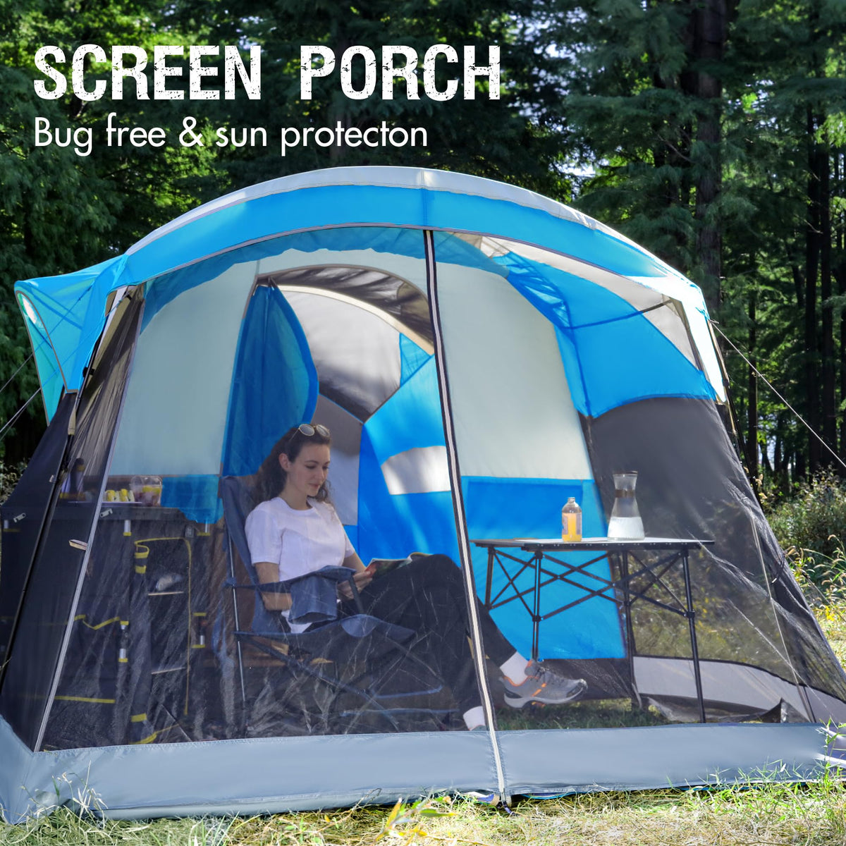 Portal 8 Person Family Camping Tent with Screen Porch, Weather Resistant Tunnel Tent with Rainfly, Large Family Tents for Outdoor Camping, Party