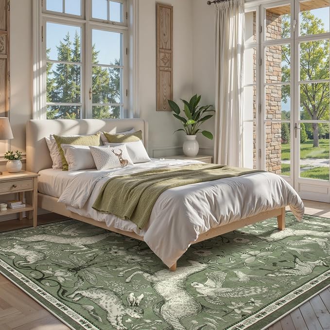 Lahome Boho Animal Washable Rugs for Living Room 8x10, Green Soft Rugs for Bedroom, Botanical Large Boho Non Slip Dining Room Carpet for Under Table Office Kids Playroom (8x10ft,Green)