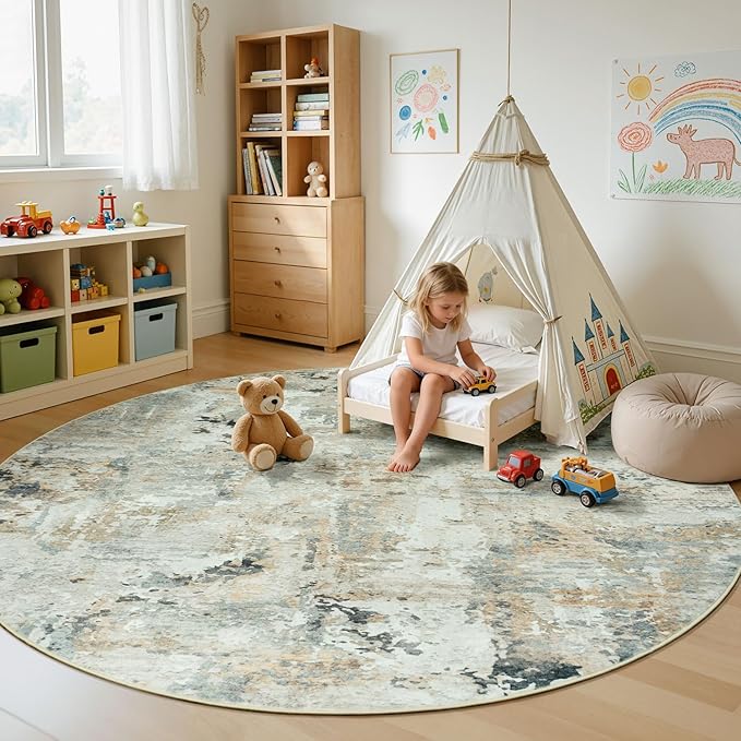 Abstract Round Rugs 8ft, Non-Slip Washable Circle Rug for Living Room, Stain Resistant Neutral Indoor Soft Floor Carpet for Bedroom Nursery, Brown/Grey
