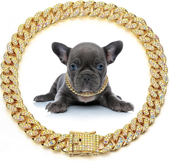 LEIFIDE Dog Chain Collar Diamond Link Puppy Collar 12 mm Wide Dog Necklace Metal Cat Chain Pet Crystal Necklace Jewelry Accessories for Small Medium Large Pet(20 Inch,Gold, AB Color)