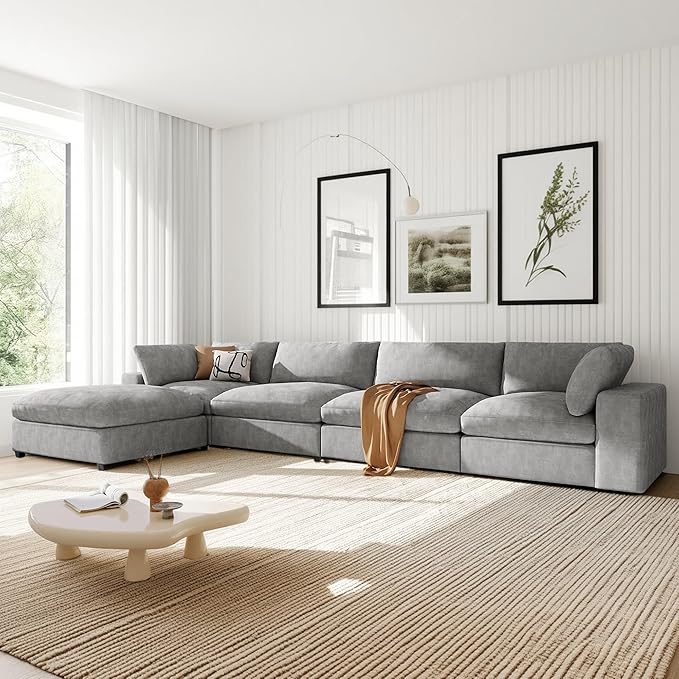 176.4 Inch L Shaped Modular Sectional Sofa with Removable Ottoman, 5-Seater Oversized Deep Seat Corner Couch for Living Room, Apartment, Office, Spacious Space, Grey