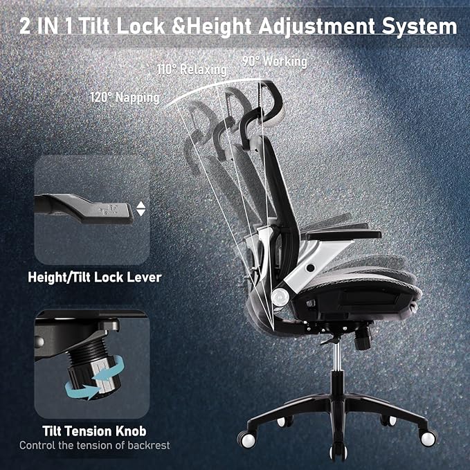 COLAMY Ergonomic Mesh Office Chair with Footrest, High Back Computer Executive Desk Chair with Headrest and 4D Flip-up Armrests, Adjustable Tilt Lock and Lumbar Support-Grey