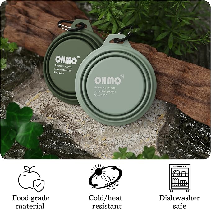 OHMO Collapsible Dog Bowl(2 Pack, Camo&Light Green 12oz/400ml) Premium Silicone Pet Water Bowls for Cats & Dogs, Portable Dog Travel Bowls Foldable for Outdoor Camping Hiking
