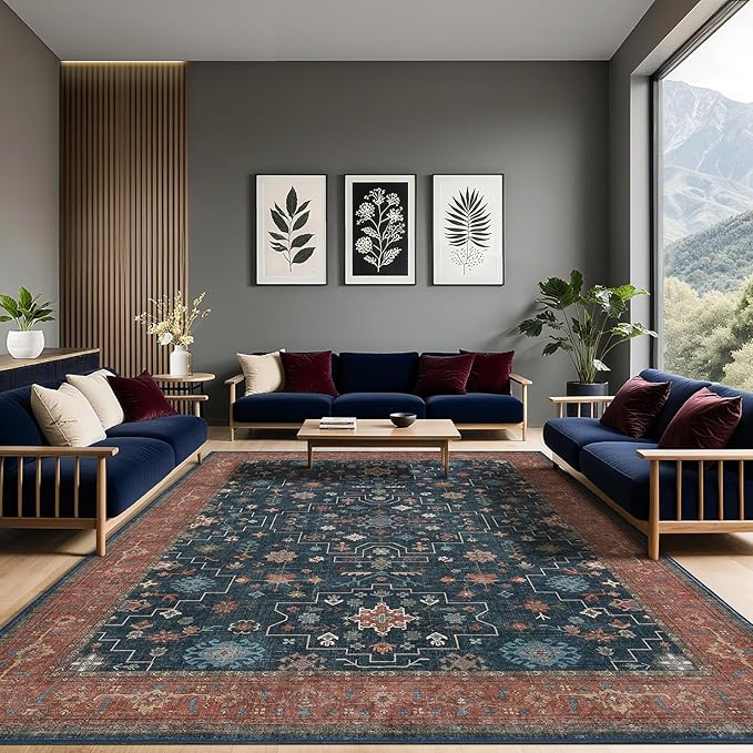 LBRO2M Distressed Washable Rugs 9X12 Area Rug for Living Room for Bedroom Dining Room Non Slip Farmhouse Rugs Easy Clean, Stain Resistant Carpet Great for Pets and Kids (9'X12' Distressed Blue)
