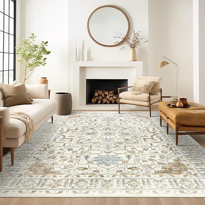 Area Rugs for Living Room - 4x6, Boho Non-Slip Low Pile Carpet Machine Washable Rugs for Bedroom Office, Dining Room (Beige)