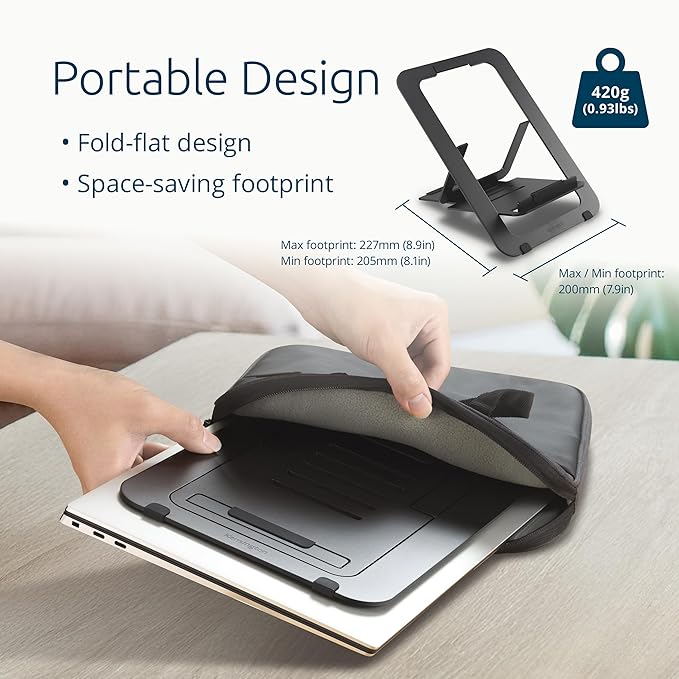 Kensington Adjustable Aluminum Laptop Stand for Desk, Ultra-Slim Lightweight Foldable Portable Notebook Holder, Anti-Slip Silicone Tablet Mount for 10"-17" Laptops and Tablets, Black K50428WW