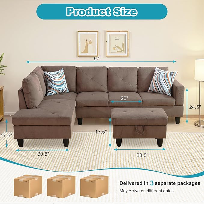 L Shaped Couch Modern Sectional Couch Upholstered Sackcloth Fabric 3 Pieces Sofas for Living Room with Chaise, Storage Ottoman for Office and Small Apartment, Brown