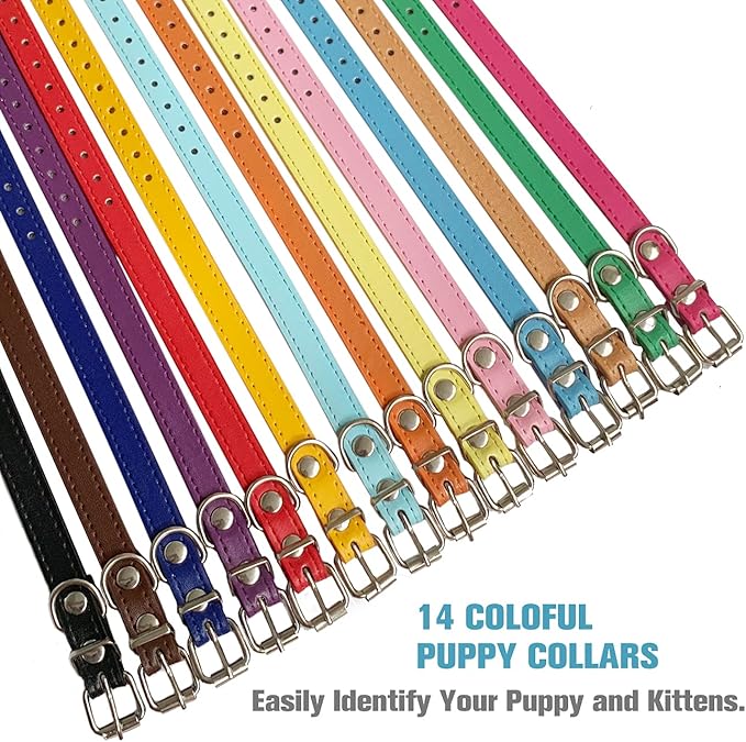 Puppy Collars for Litter - 14 Color Adjustable ID Collar Identification Leather Small Dog Collars for Puppy Medium Large Breed Dogs - Neck 6~13 Inches
