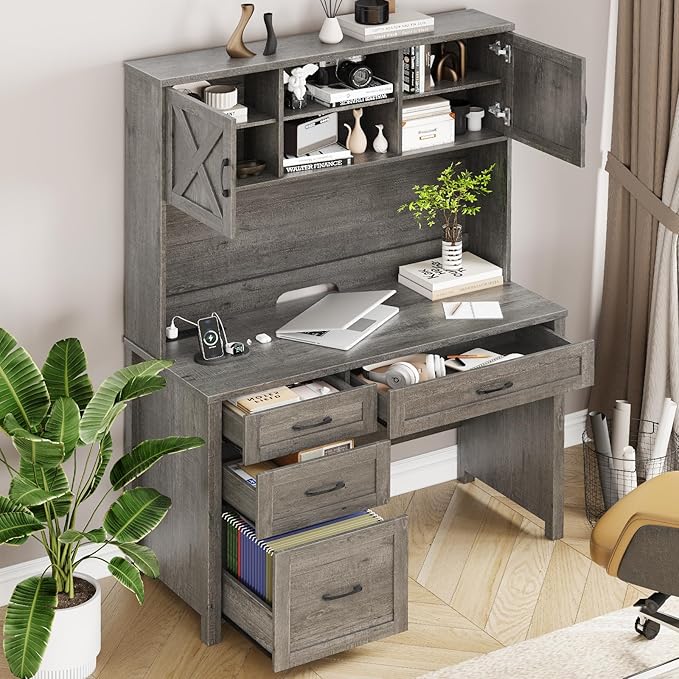 Farmhouse 67" H Executive Desk with Hutch,Office Desk with 4 Drawers and LED Light, Computer Table with Storage Cabinet & File Drawers and Charging Station, Wood Workstation for Home Office and Study