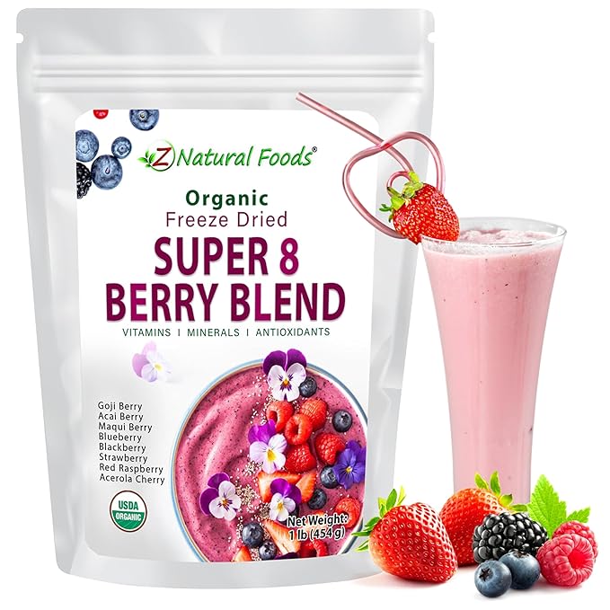 Z Natural Foods Super 8 Berry Blend - Organic Freeze Dried Berry Powder, Fruit Superfood Powder - Delicious Powdered Fruit Berry, Antioxidant Powder for Smoothies, Yogurts, Healthy Drink Mix, 1 lb