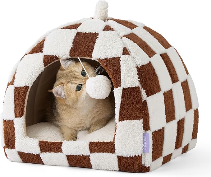 Lesure Cute Cat Beds for Indoor Cats - 2 in 1 Cat Cave Bed for Kittens and Small Pets, House with Removable Washable Cushioned Pillow, Cozy Tent House with Non-Slip Bottom, Brown, 16 inches
