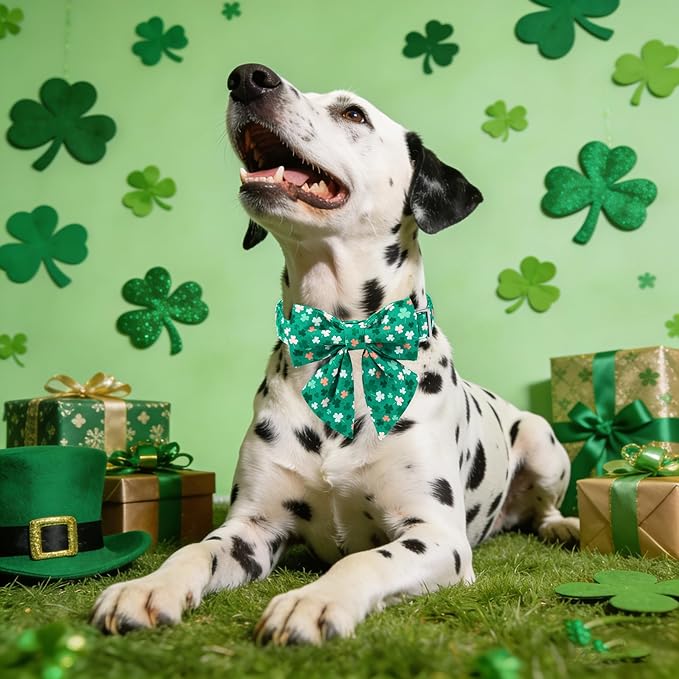 Maca Bates St. Patrick's Day Shamrock Dog Collar with Sailor Bow Tie,Medium Girl Boy Dogs, Green Pink White Clover Pattern,Adjustable Durable Soft Collars Irish Gift for Male Female Puppy