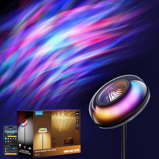 Govee Uplighter Floor Lamp for Living Room, RGBIC Ripple Projector, Floor Lamp for Bedroom Works with Matter, 215 ft² Light Area, 1000lm LED Modern Corner Floor Light, Warm Cool White Standing Lamp