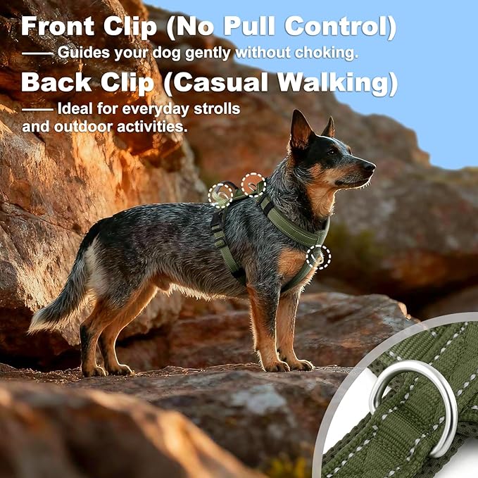 No Pull Dog Harness with Handle, Soft Mesh Padded Adjustable for Small Medium Large Dogs | Reflective Easy Walk Harness with Front Clip for Training, Running & Outdoor (Ranger Green, L)