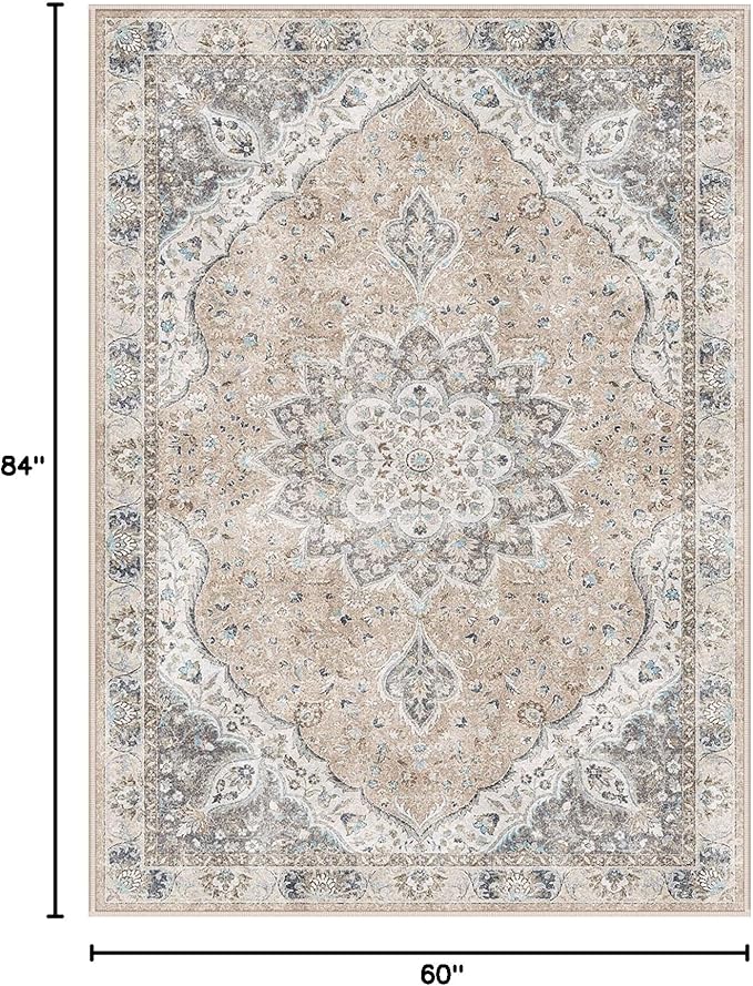 5x7 Area Rugs for Living Room,Stain Resistant Washable Rug,Non-Slip Backing Rugs for Bedroom,Kitchen,Printed Vintage Home Decor Rug (Peach/Gray, 5'x7')