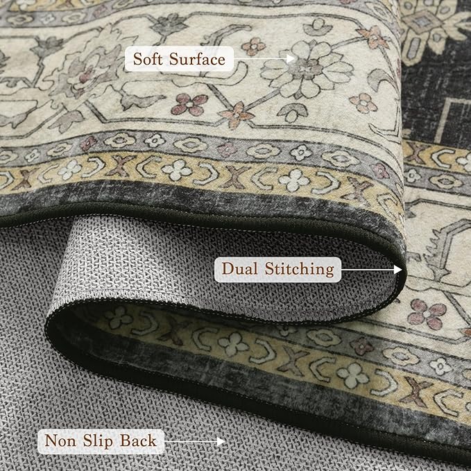 LBRO2M Black Washable Rugs 5X7 for Living Room Bedroom Vintage Non Slip Rugs Easy Clean, Low Piles Stain Resistant Carpet Distressed Area Rug Great for Pets and Family (5'X7' Charcoal Black)