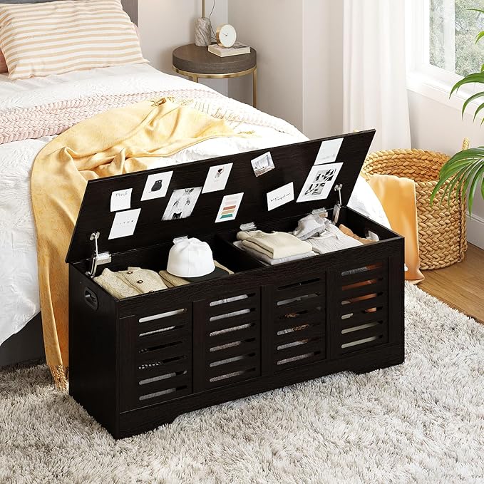 DINZI LVJ Storage Chest, 47.3” Wooden Toy Box with 2 Safety Hinges, Retro Entryway Shoe Storage Bench with Flip-Top, Sturdy Large Storage Trunk for Living Room, Bedroom, Easy Assembly, Espresso