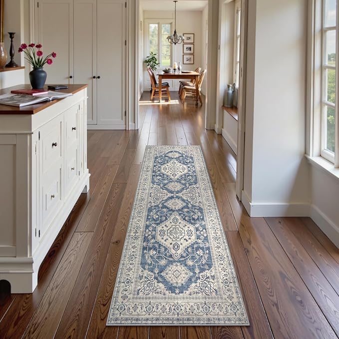 Lahome Oriental Kitchen Runner Rug Non Slip, 2x5 Washable Hallway Runner with Rubber Backing, Vintage Hallway Rug Ultra-Thin Soft Carpet for Bedroom Bathroom, Blue