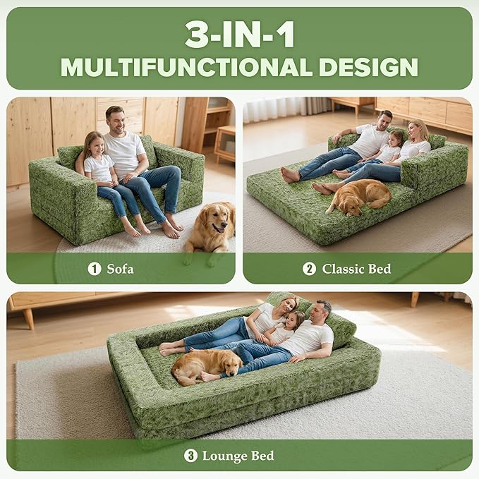 HABUTWAY Convertible Sofa Bed,3-in-1 Folding Futon Sofa Bed with Pillow, Foldable Sleeper Sofa Bed with Removable Cover,Plush Boneless Floor Chair Couch Lounge for Living Room,(King,Green)