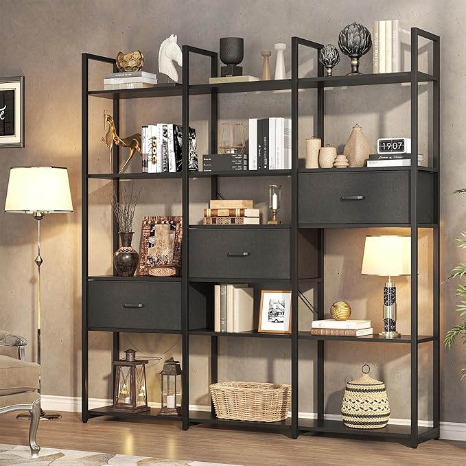 73.6" Tall Bookshelf with 3 Drawers and 16 Storage Shelves, Industrial Bookcase with 16 Open Display Shelves, Large Etagere Bookshelf, Triple Wide Book Shelf Book Case for Home & Office, Black