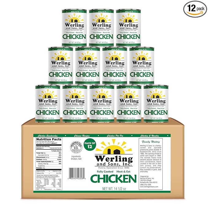 Werling & Sons Canned Chicken 14.5 Oz??Fully Cooked, Ready to Eat | Premium Quality, Recipe-Ready Canned Meat | 5-Year Shelf Life | Pantry Staple for Camping, Survival & Emergency Use | Made in USA | Pack of 12