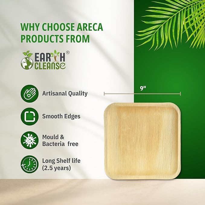 Compostable Palm Leaf Plates 9 Inch Square (75 Pack) | Disposable Biodegradable Plates Like Bamboo & Wooden | Microwave & Oven Safe | Eco-Friendly