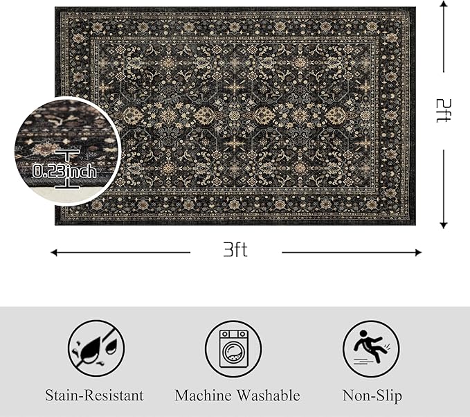 Area Rug Non Slip Machine Washable Ultra Soft Living Room/Bedroom/Kitchen/Outdoor/Classroom Black Grey, 2'×3'