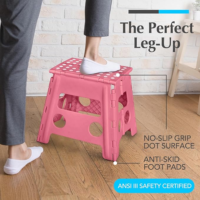 Handy Laundry Folding Lightweight Step Stool - Sturdy Enough to Support Adults and Safe Enough for Kids - Opens Easy with One Flip - Great for Kitchen, Bathroom or Bedroom (Pink - 13 inch)